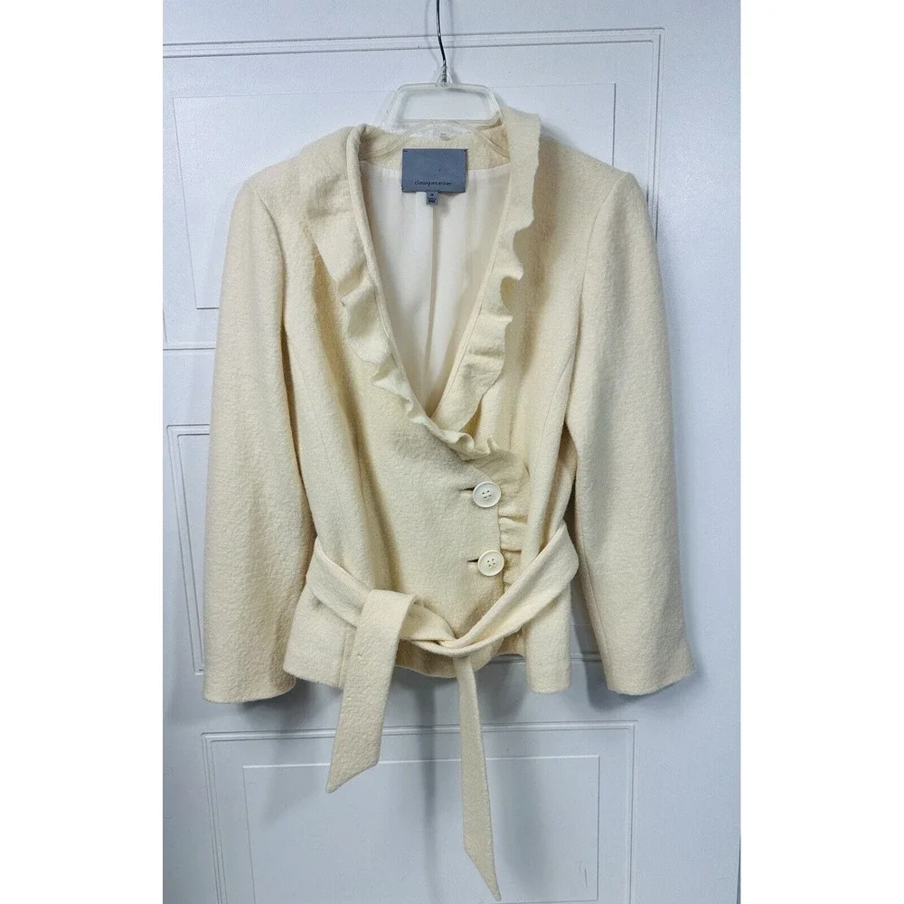 Women's M Classique Entier Cream Jacket Ruffle Accent Tie Waist 100% Merino Wool